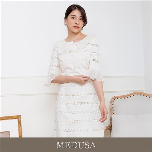 現貨【MEDUSA 曼度莎】燒花蕾絲壓褶領米白小禮服（M-XL）｜禮服洋裝 媽媽禮服