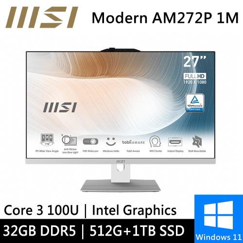 微星 Modern AM272P 1M-860TW-SP4 27型 白(Intel Core 3 100U/32G/512G+1TB/W11)特仕版