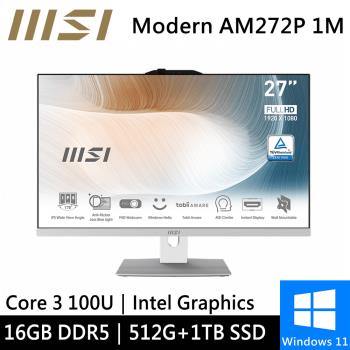 微星 Modern AM272P 1M-860TW-SP2 27型 白(Intel Core 3 100U/8G+8G/512G+1T/W11)特仕版