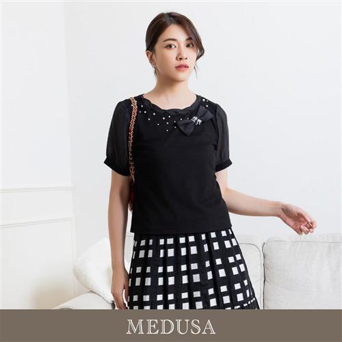 現貨【MEDUSA 曼度莎】黑色小蝴蝶結珍珠點點上衣（M-2L）｜女短袖上衣 涼感嫘縈