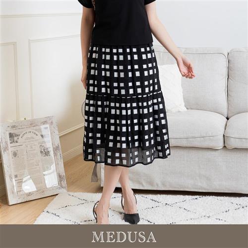 現貨【MEDUSA 曼度莎】台灣製 黑白格紋中長裙（M-XL）｜裙子 中長裙 格紋休閒長裙