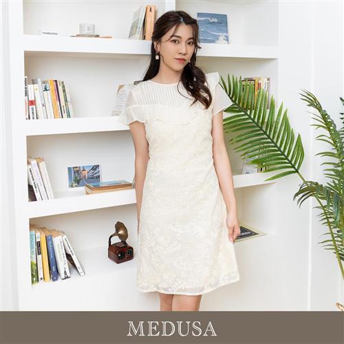 現貨【MEDUSA 曼度莎】斜切米白繡花小禮服（M-XL）｜禮服洋裝 媽媽禮服 媽媽洋裝