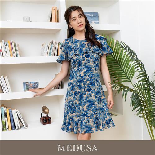現貨【MEDUSA 曼度莎】小露肩藍色水墨花雪紡洋裝（M-XL）｜短洋裝 碎花洋裝