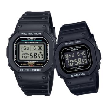 CASIO G-SHOCK X BABY-G 霧黑時尚經典方形對錶/DW-5600UE-1+BGD-565U-1