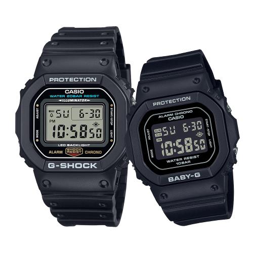 CASIO G-SHOCK X BABY-G  霧黑時尚經典方形對錶/DW-5600UE-1+BGD-565U-1
