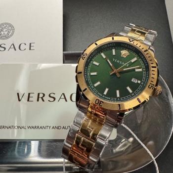 VERSACE 凡賽斯男錶 42mm 金色圓形精鋼錶殼 墨綠色簡約, 中三針顯示, 運動錶面款 VS11831