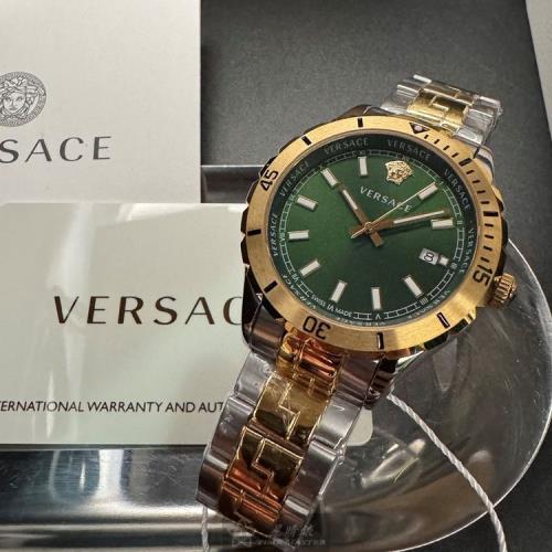 VERSACE 凡賽斯男錶 42mm 金色圓形精鋼錶殼 墨綠色簡約, 中三針顯示, 運動錶面款 VS11831