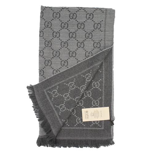   【GUCCI 古馳】經典GG 緹花LOGO雙面寬版流蘇 羊毛 圍巾 披肩(深灰)
