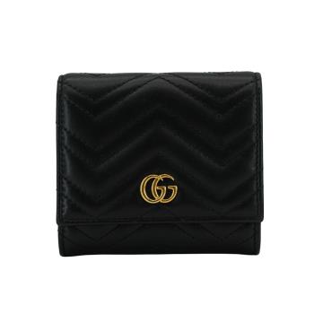 二手品 Gucci GG Marmont 絎縫牛皮三折扣式零錢短夾 (598529-黑)