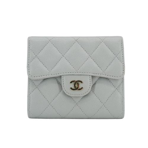 二手品 Chanel 菱格粒紋牛皮淡金釦三折短夾(AP0231-灰)