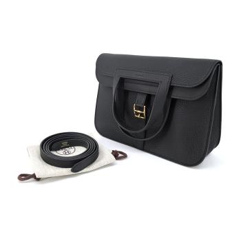 Hermes 愛馬仕Halzan 25cm T/C 牛皮手拿/手提/肩背/斜背多用包(89黑/B刻/銀釦)