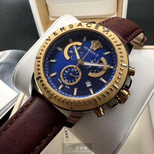 VERSACE 凡賽斯男錶 46mm 金色圓形精鋼錶殼 寶藍色中三針顯示錶面款 VS11331