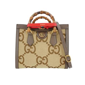 Gucci Diana 帆布拚牛皮竹節手提二用包(660195-咖)