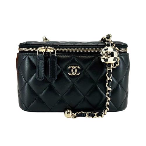 Chanel 展示品 羊皮淡金鍊足球調節釦二用化妝包(AP2303-黑)