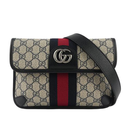 GUCCI GG Supreme 帆布藍紅織帶Ophidia 腰包95cm(藍色/米灰色)