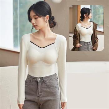 發熱衣內衣-拼色無痕胸墊長袖女衛生衣3色74ih3