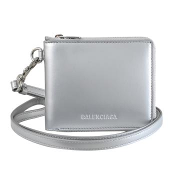 BALENCIAGA 巴黎世家 664043 品牌LOGO頸掛式ㄇ字拉鍊短夾.銀