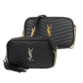 YSL SAINT LAURENT V字縫線魚子醬牛皮金屬LOGO流蘇相機包(任選)
