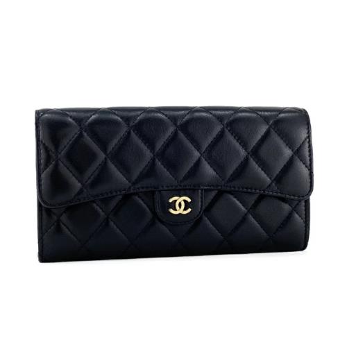 【CHANEL】香奈兒 經典雙C 小羊皮金釦 黑色長夾 - AP0241Y01295C3906