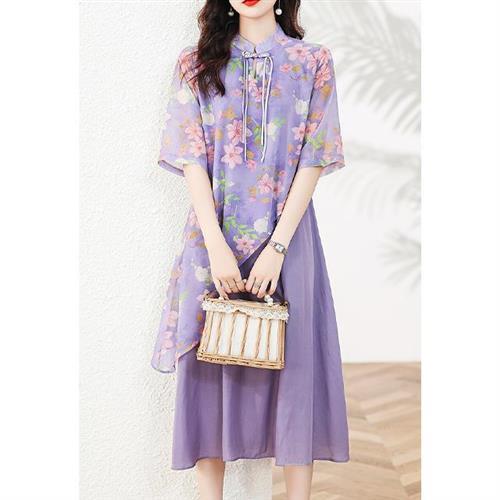 【韓國K.W.】現貨紫花雙層工藝雪紡絲不規則中式洋裝