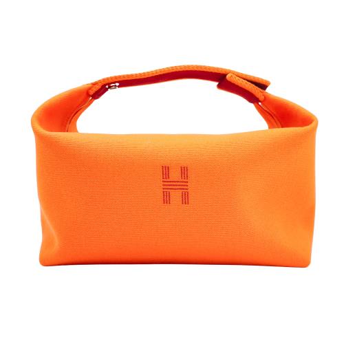 Hermes Bride-a-Brac 帆布銀釦收納包-大(火橘色)