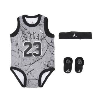 Nike 包屁衣 Jordan 灰 黑 無袖 純棉 襪子 頭帶 嬰兒 小童 小朋友 三件組 禮盒 JD2433029NB-002