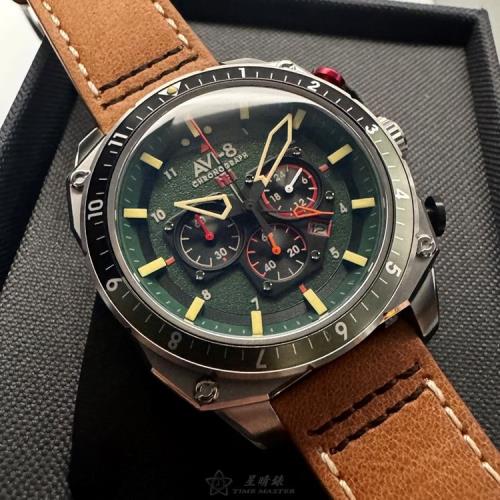AVI-8 男錶 44mm 銀圓形精鋼錶殼 墨綠色三眼, 中三針顯示, 運動錶面款 AV52111