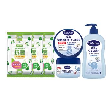 【Baan 貝恩】潔膚抗菌柔濕巾30抽20包+貝臣 萬用護膚膏+雪花膏+雙效洗髮沐浴露(150ml+75ml+400ml)