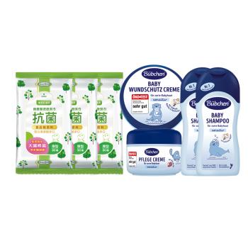 【Baan 貝恩】潔膚抗菌柔濕巾30抽20包+貝臣 萬用護膚膏+雪花膏+嬰兒洗髮精(150ml+75ml+200ml*2)