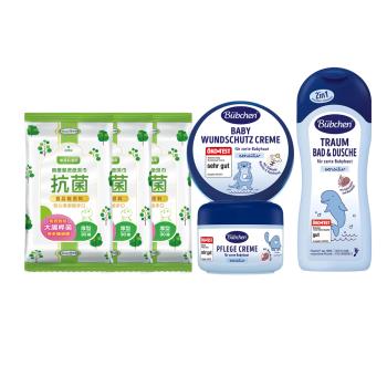 【Baan 貝恩】潔膚抗菌柔濕巾30抽20包+【貝臣】 萬用護膚膏+雪花膏+燕麥舒眠泡泡沐浴露(150ml+75ml+500ml)