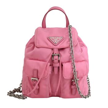 PRADA 1BH029 三角LOGO尼龍迷你手提斜背銀鍊包.亮粉