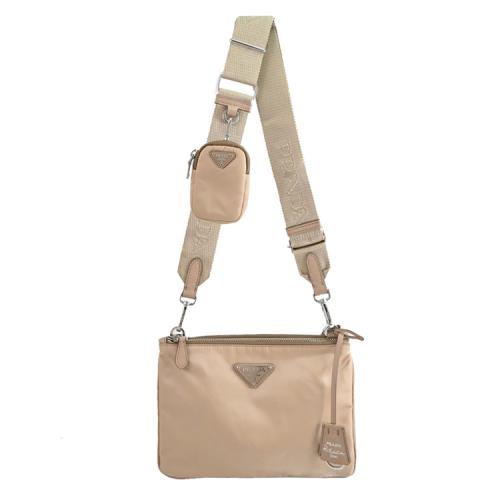 PRADA 1BH046 Re-edition 2000 尼龍二合一雙層拉鍊斜背包.裸色