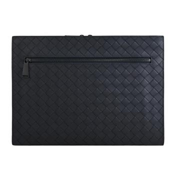BOTTEGA VENETA 603432 經典編織牛皮雙拉鍊大手拿包.藍黑