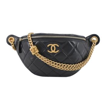 CHANEL 經典螺紋雙C LOGO菱格紋小羊皮腰包(黑色)