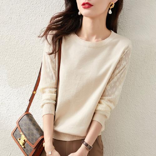 【LANNI 藍尼】★圓領長袖蕾絲優雅上衣(上衣/女裝/蕾絲/約會/百搭/通勤)