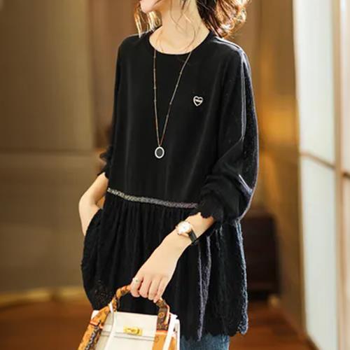 【LANNI 藍尼】★蕾絲拼接長版上衣(上衣/女裝/拼接/約會/百搭/通勤)