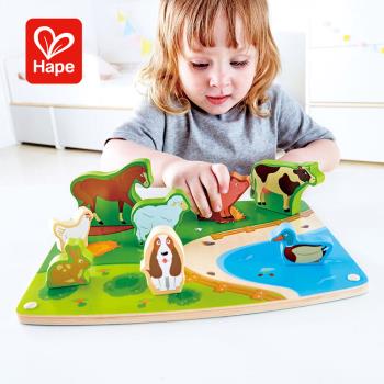 德國Hape 農場動物雙面場景立體拼圖