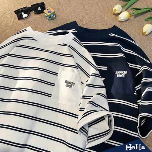 【HeHa】休閒條紋口袋上衣 二色