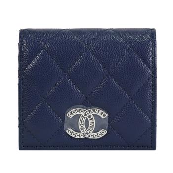 CHANEL AP3828 限定刻字LOGO對開扣式零錢短夾.深藍