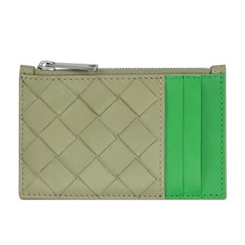 BOTTEGA VENETA 679802 撞色編織拉鍊卡片零錢包.灰綠/綠