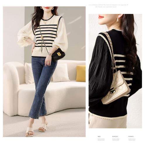 SCL 拼接假兩件針織背心條紋燈籠長袖上衣 秋裝 XL可 長袖 中大尺碼 平織