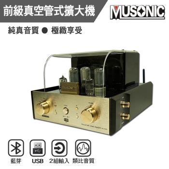 MUSONIC MU-3200 組合式音響，金色系時尚外觀，支援藍芽無線連線與 USB 插槽播放，單曲及迴圈模式，適閤家用音樂享受。尺寸 240x200x290mm，重 7kg，中國製造，含 1.5m 加粗 RCA 線及保固卡，1 年保固，110V 電源，NCC 認證 CCAJ17LP7721T2，BSMI R31957 安全認證。