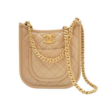 Chanel 菱格牛皮金鍊Hobo二用斜揹包(AS4532-米)
