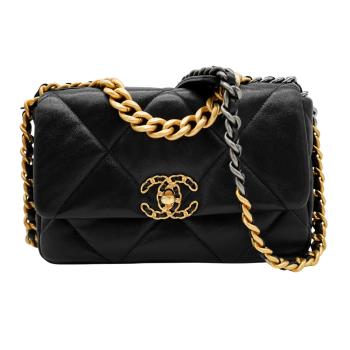 Chanel 展示品 19 菱格亮面小羊皮三色鍊手提斜揹包-26cm(AS1160-黑)