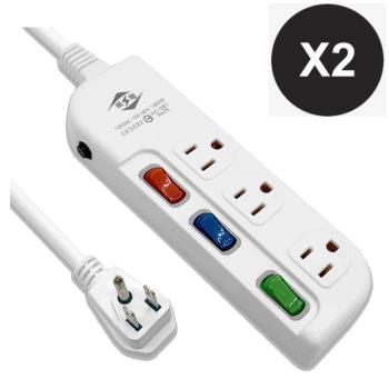 【威電】2入組CK-3332-6 3孔3開3座 加大間距 電腦線 延長線 6尺/1.8M(平貼 插頭 過載斷電 電源線組)