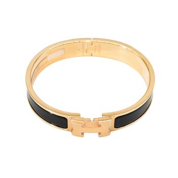 Hermes 展示品 經典Clic H Logo琺瑯玫瑰金細版手環-PM(黑)