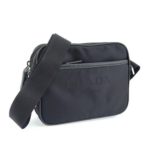 九成新--PRADA 黑色尼龍帆布前口袋斜背相機包
