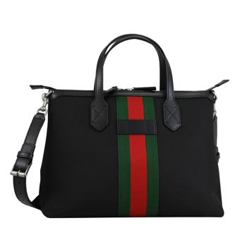GUCCI 630923 經典LOGO紅綠織帶帆布皮飾邊兩用包.黑