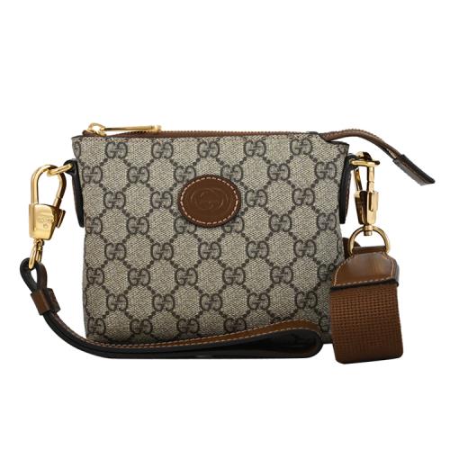 GUCCI 723306 Interlocking G 皮標LOGO手拿/斜背小方包.駝咖