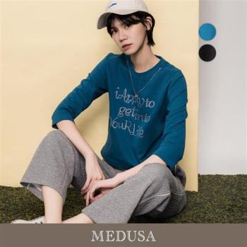 現貨【MEDUSA 曼度莎】燙鑽英文小吊飾短版T恤 - 2色（M-XL）｜女休閒上衣 女長袖T恤